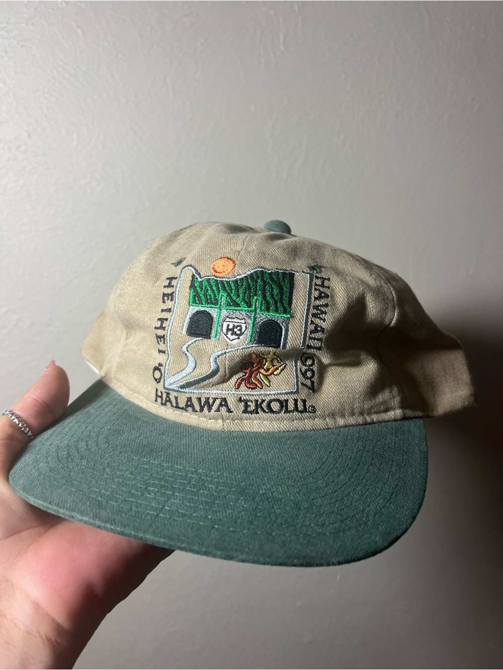 Vintage Halawa Ekolu Beige and Green Embroidered Trucker Hat Cap